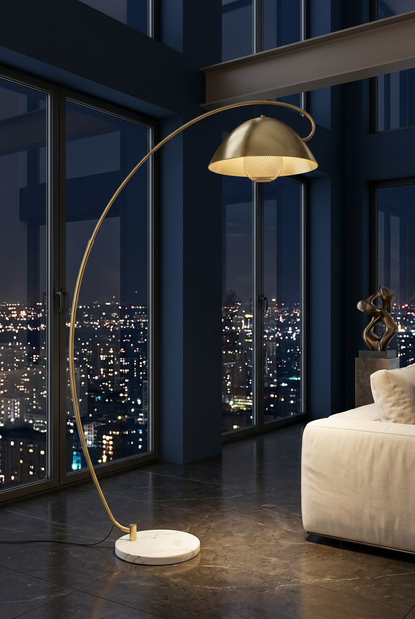 Brass arc lamp in a midnight penthouse
