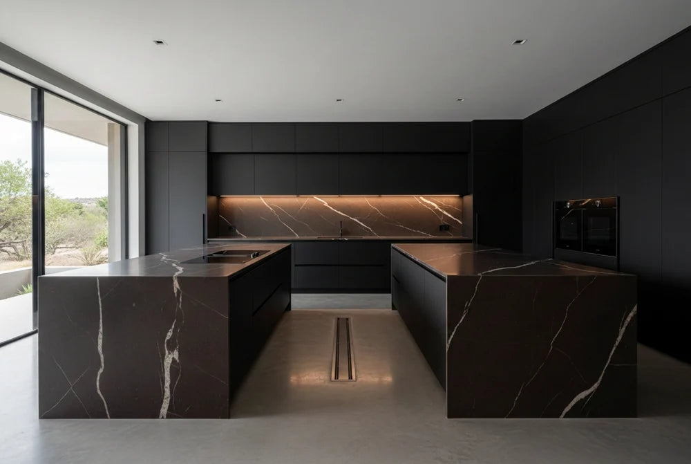 Dark Espresso Double Island Bespoke Kitchen | TRENZY Spaces Bespoke Kitchen - styled in room
