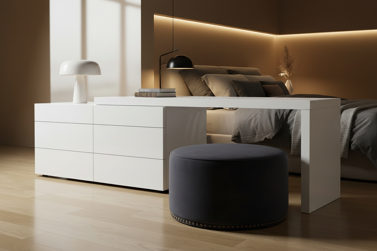 Gloss-white waterfall dresser with luxury ottoman