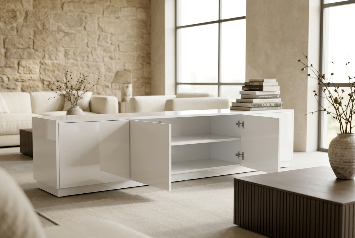 TV unit with two middle doors open showing the central shelf, alongside a smoked oak fluted coffee table
