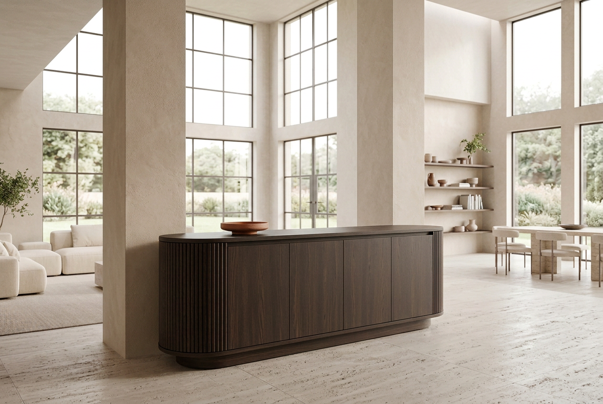 Espresso smooth-door Gola sideboard with fluted curved ends in a light luxury interior