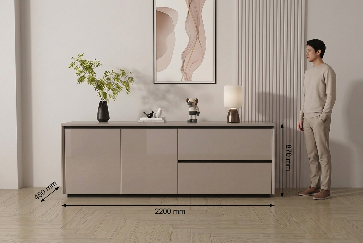 Congo sideboard beside a standing adult with 2200 mm width, 450 mm depth and 870 mm height labels