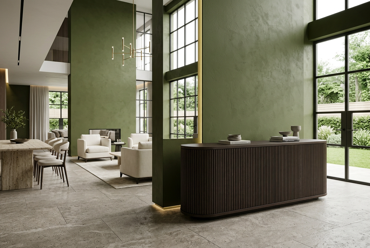 Rounded Espresso burnt-matt sideboard in an olive-green interior