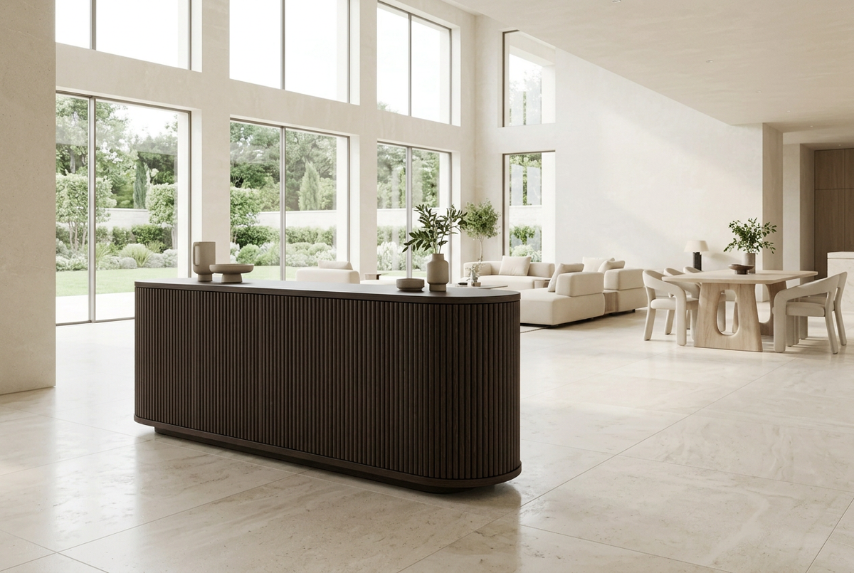 Burnt-matt Espresso fluted sideboard styled in a light interior