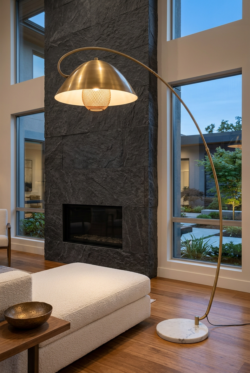 Aurelia arc floor lamp in a luxury lounge at blue hour