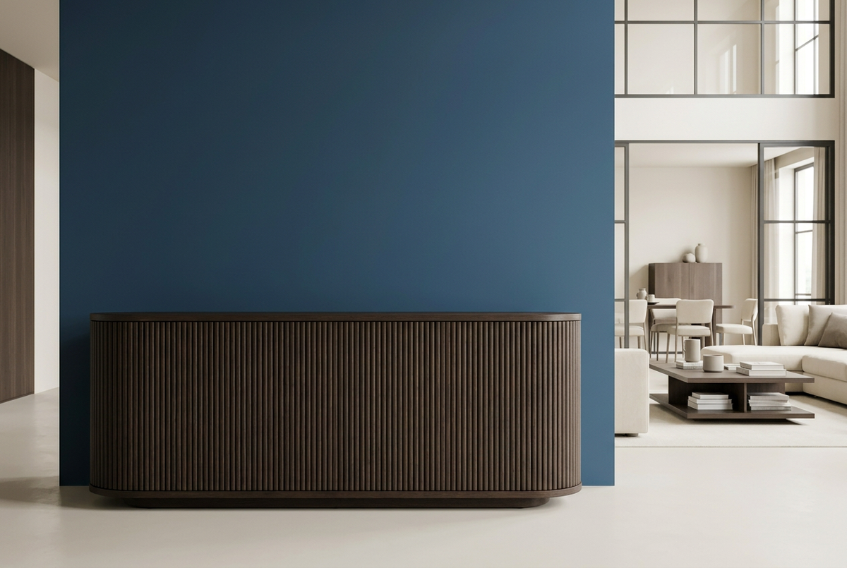 Espresso sideboard with fine half-round wood flutes in a blue interior