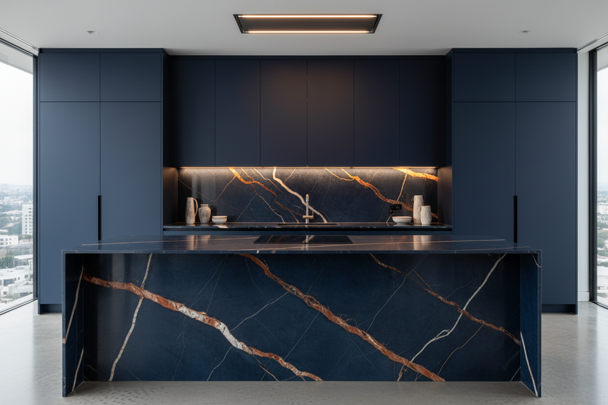 Magellano Navy Penthouse Bespoke Kitchen | TRENZY Spaces Bespoke Kitchen - front view