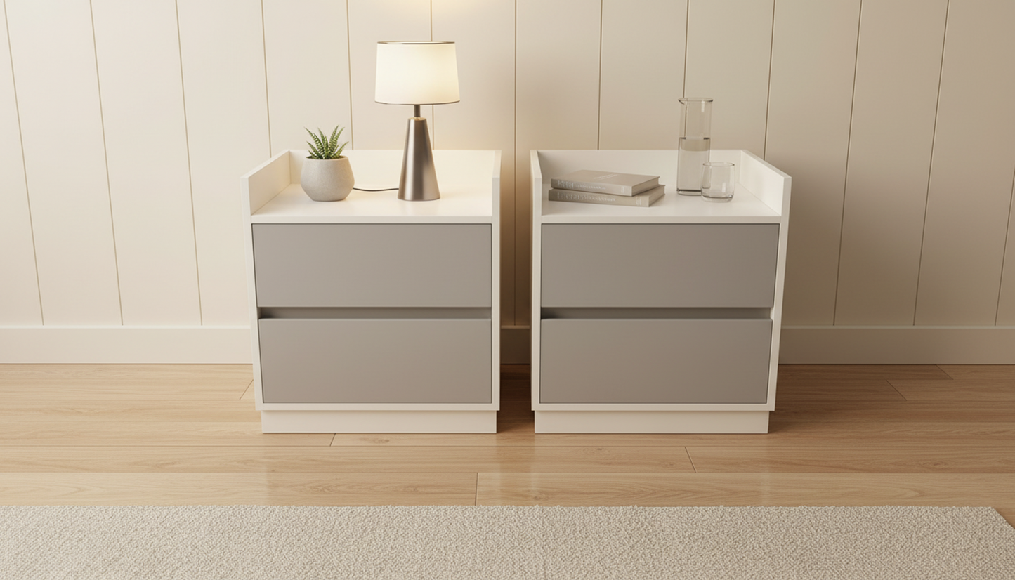 TRENZY Spaces modern luxury bedside pedestal pair in white and grey with two drawers and raised side panels