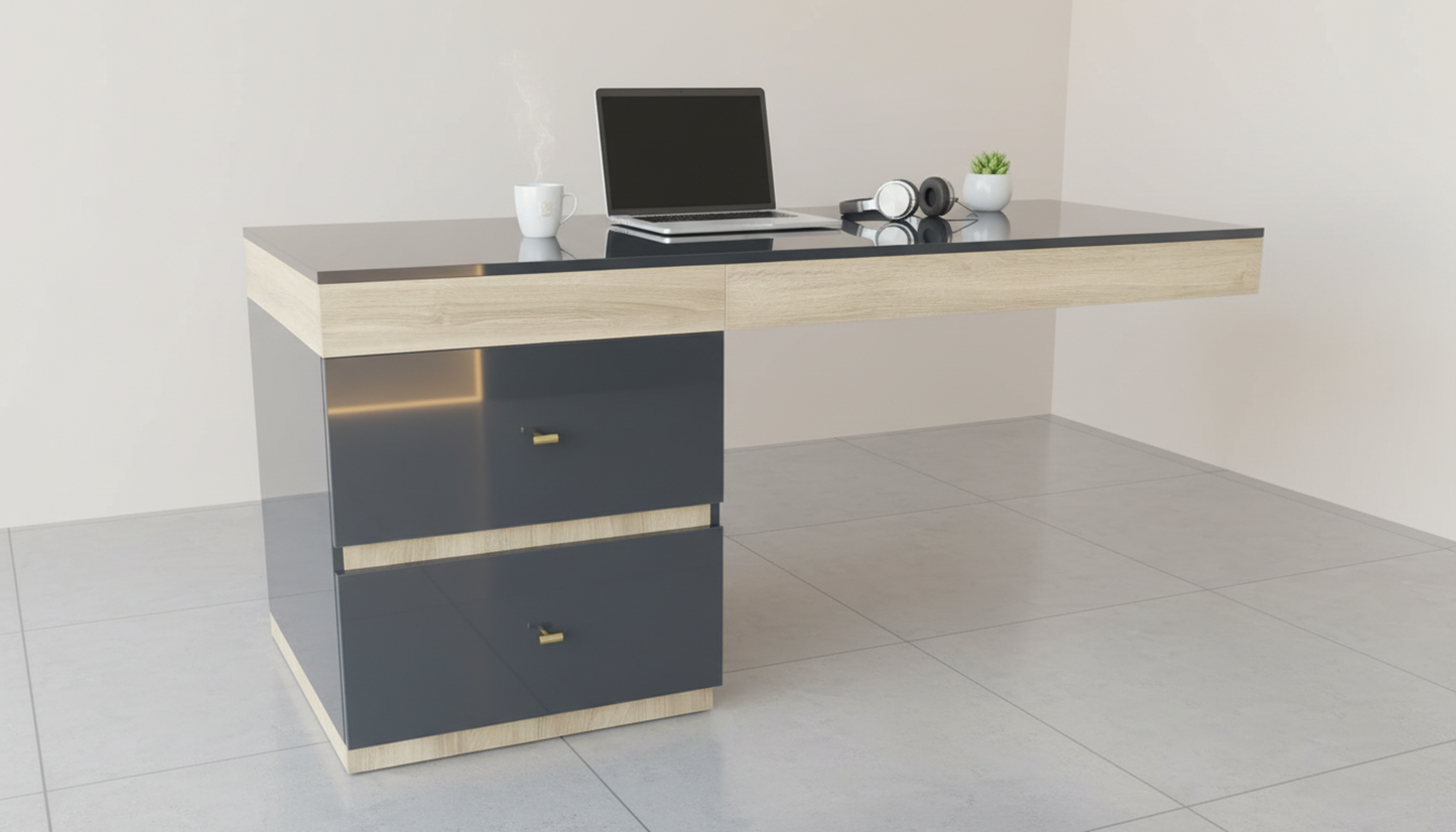 TRENZY Spaces modern two-tone desk with a dark grey storage unit, light wood accents, and a sleek black desktop surface.