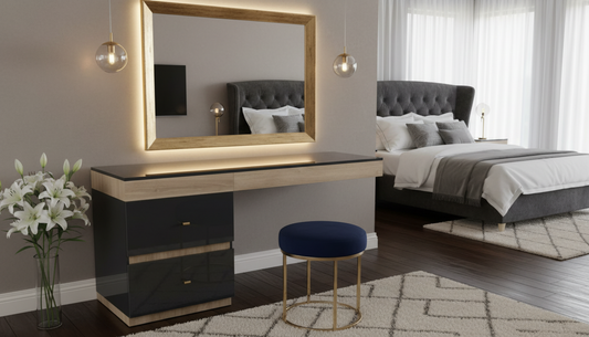 TRENZY Spaces modern two-tone dresser with black drawers and light wood accents, featuring a matching wall mirror.