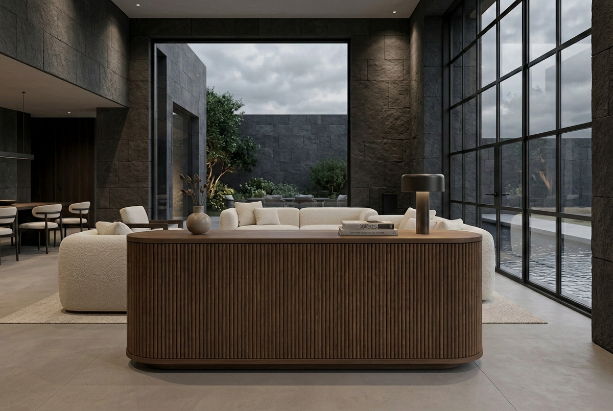 Walnut sideboard, moody interior