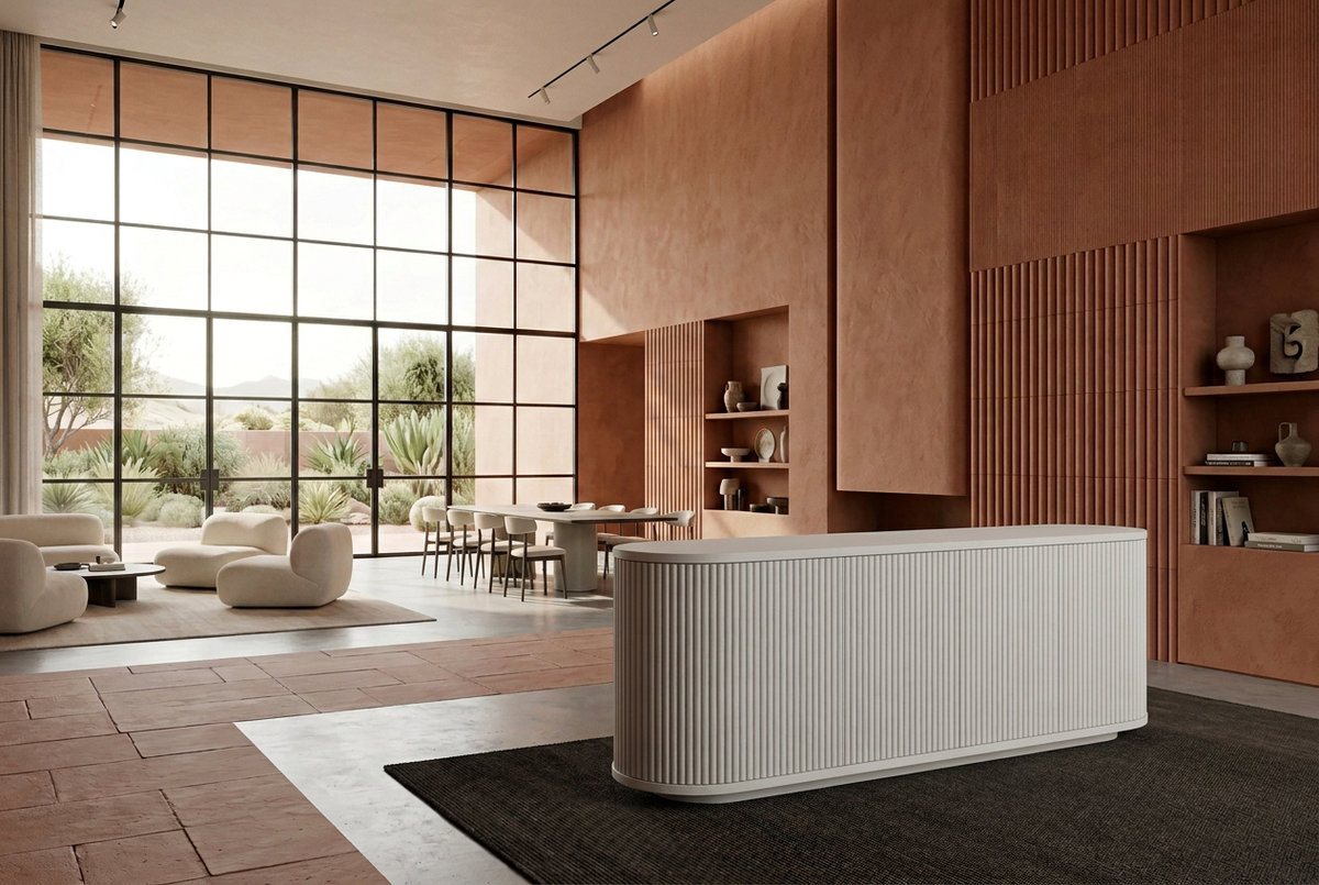 White sideboard, terracotta interior