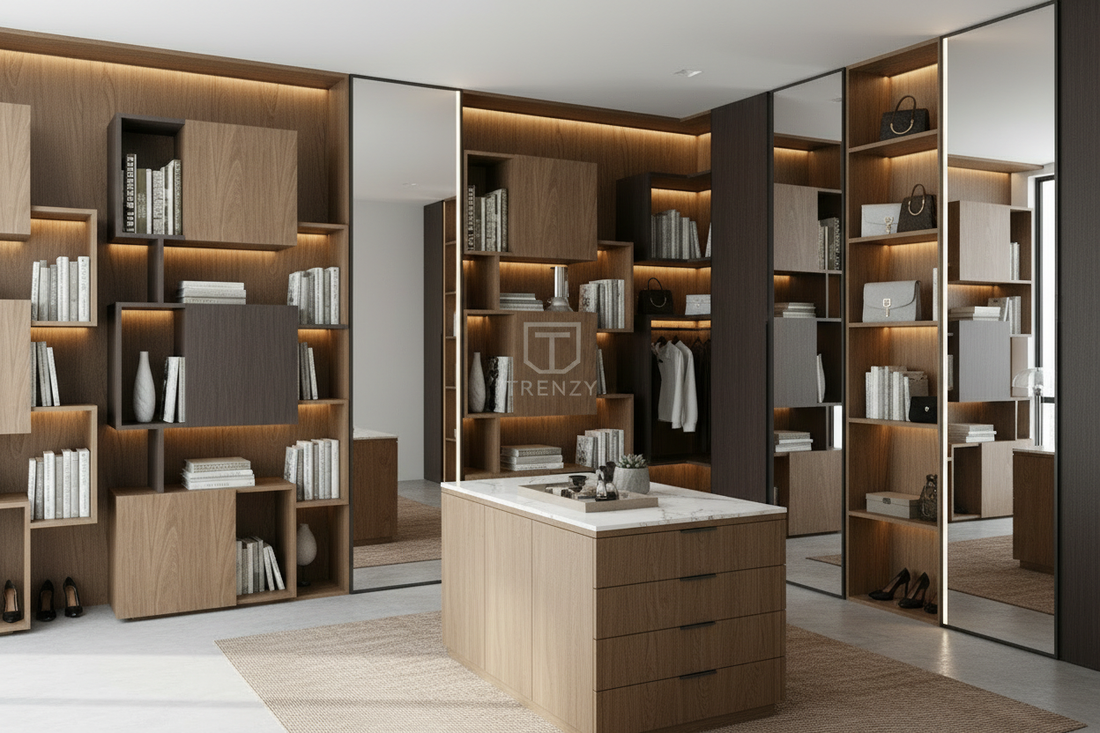 TRENZY floor-to-ceiling modular shelving system in oak and charcoal installed in a refined Johannesburg home — bespoke fitted interiors | TRENZY Spaces