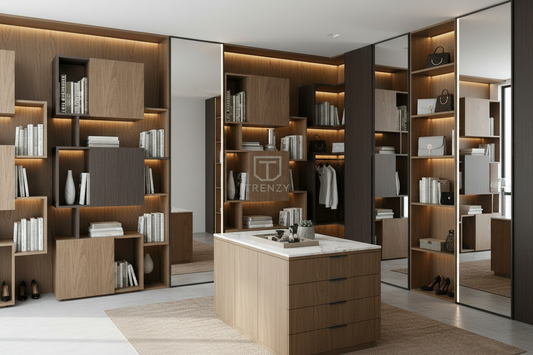 TRENZY floor-to-ceiling modular shelving system in oak and charcoal installed in a refined Johannesburg home — bespoke fitted interiors | TRENZY Spaces