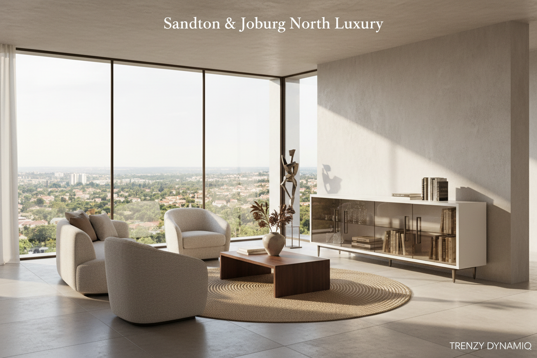 TRENZY DYNAMIQ white gloss and bronze glass credenza in a sun-drenched Sandton living room — luxury furniture Johannesburg | TRENZY Spaces