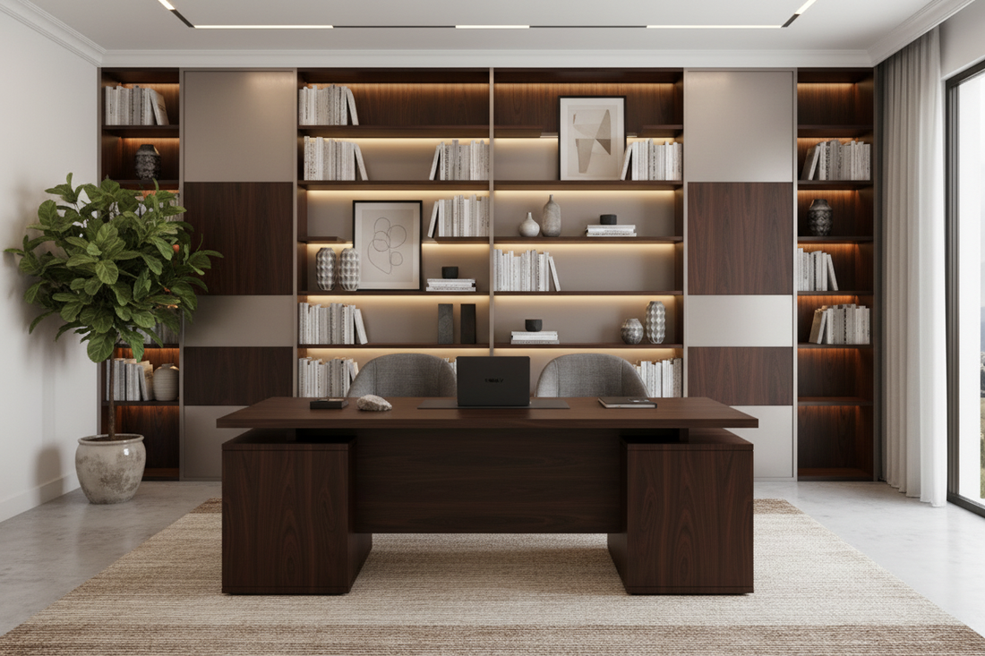 TRENZY BLOCK executive desk with modular bookshelf in a refined South African home office — luxury office furniture | TRENZY Spaces Johannesburg