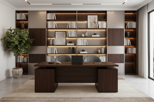TRENZY BLOCK executive desk with modular bookshelf in a refined South African home office — luxury office furniture | TRENZY Spaces Johannesburg