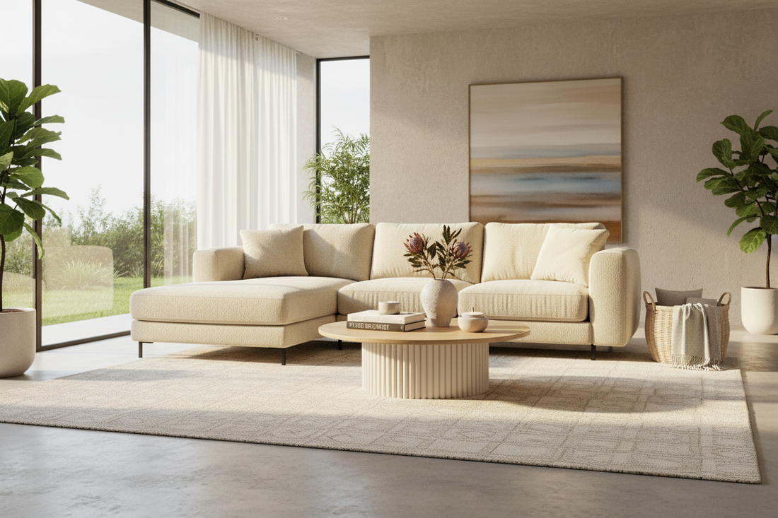 TRENZY cream boucle sectional sofa styled with a fluted coffee table in a refined South African living room — luxury sofa | TRENZY Spaces