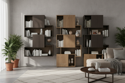 TRENZY BLOCK modular shelving unit in dark espresso and oak styled with books and ceramics in a refined South African interior — TRENZY Spaces