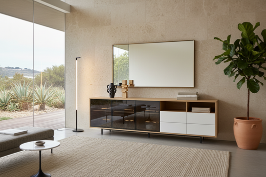 TRENZY Harbour wide sideboard styled with mirror and sculpture in a refined South African entrance hall — luxury foyer furniture | TRENZY Spaces