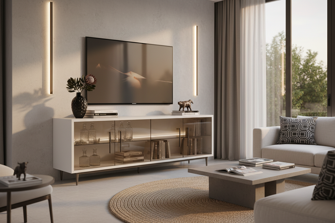 TRENZY DYNAMIQ white gloss and bronze glass luxury TV unit styled in a modern South African living room — TRENZY Spaces Johannesburg