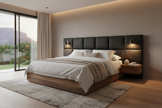  TRENZY BLOCK platform bed in oak and charcoal styled in a refined South African master bedroom — TRENZY Spaces Johannesburg