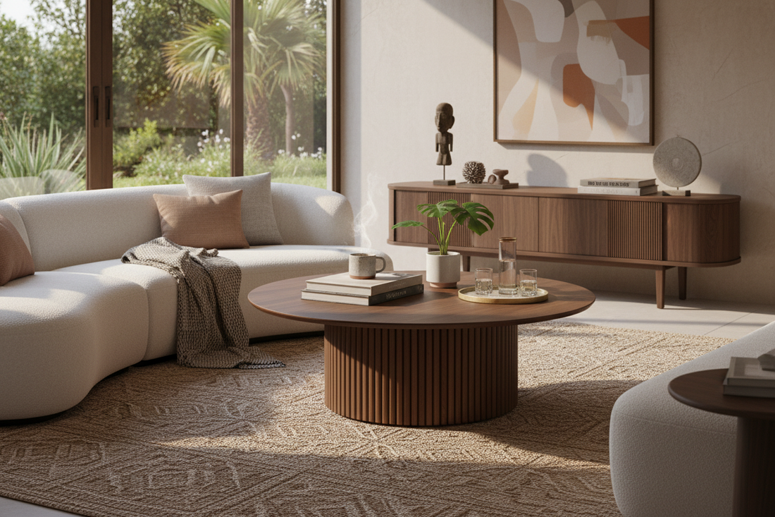 TRENZY Luna round fluted coffee table styled in a refined South African living room with boucle sofa — TRENZY Spaces Johannesburg