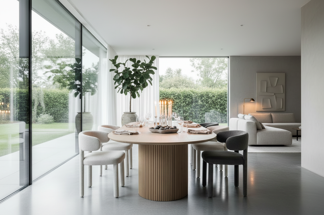 TRENZY BLOCK oval fluted dining table with cream boucle and charcoal velvet chairs in a refined South African dining room — TRENZY Spaces