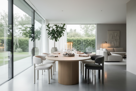TRENZY BLOCK oval fluted dining table with cream boucle and charcoal velvet chairs in a refined South African dining room — TRENZY Spaces