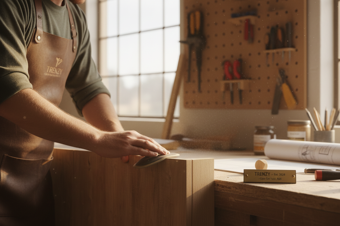 Craftsman finishing a premium TRENZY BLOCK credenza in a South African furniture studio — bespoke furniture Johannesburg | TRENZY Spaces