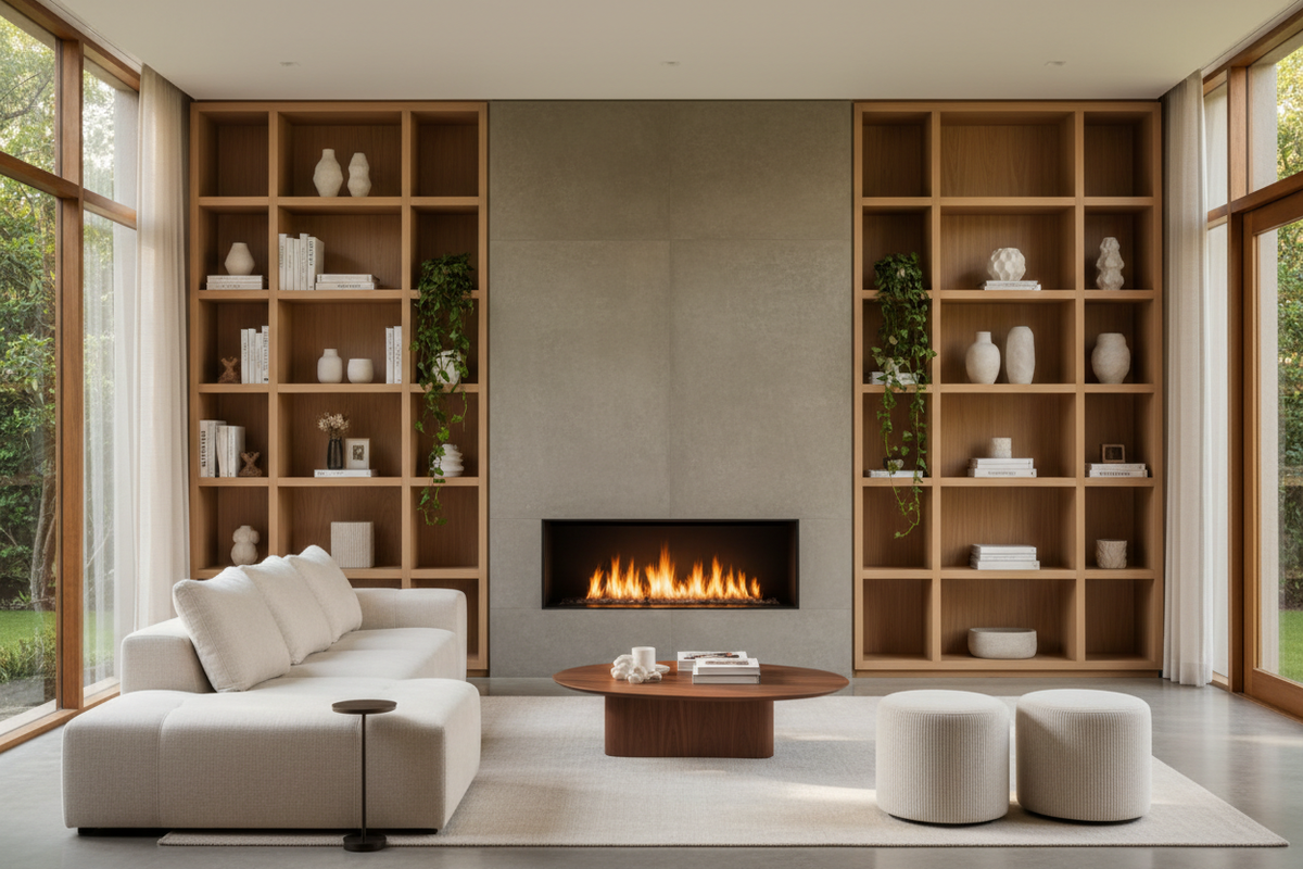 A modern living room with a built-in linear fireplace centered between two tall wooden bookshelves. A white sectional sofa sits on the left, a round wooden coffee table is in front, and two white cylindrical ottomans are on the right. By Trenzy Spaces