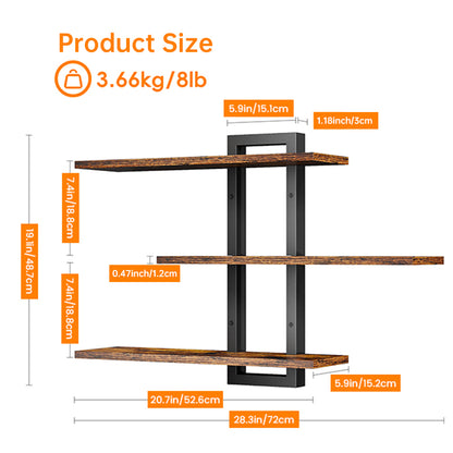 Rustic Wood & Metal Floating Shelves - Wall Mounted Storage for Kitchen/Bathroom
