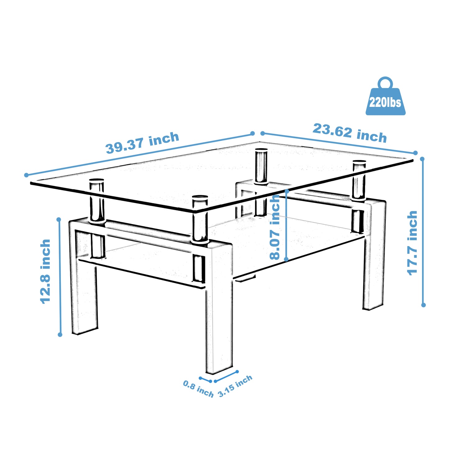 Rectangle Black Glass Coffee Table Clear Coffee Table Modern Side Center Tables for Living Room Living Room Furniture