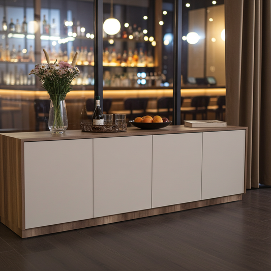 TRENZY Lux Congo-Oak TV Stand in modern living room with sleek MDF and particleboard design supporting 65-inch TV