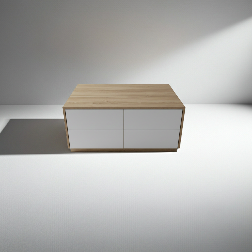 TRENZY BLOCK modern white push-open coffee table with wood-look finish and concealed storage drawers in a minimalist living room setting