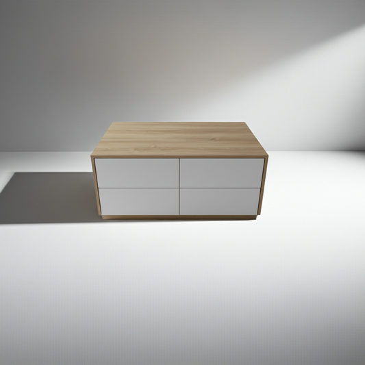 TRENZY BLOCK modern white push-open coffee table with wood-look finish and concealed storage drawers in a minimalist living room setting