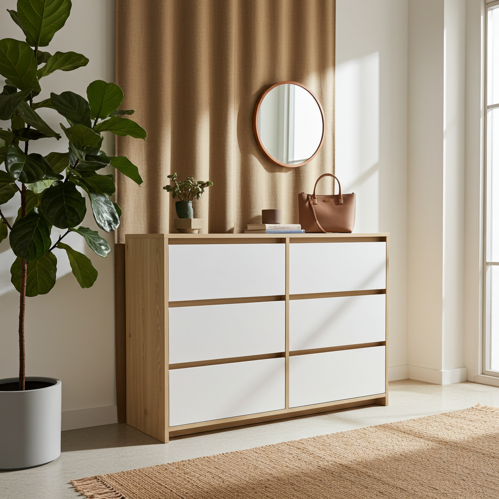 TRENZY Luxury 6-Drawer Chest of Drawers – Oak & Light Grey Super Gloss | MDF | 120cm | SA
