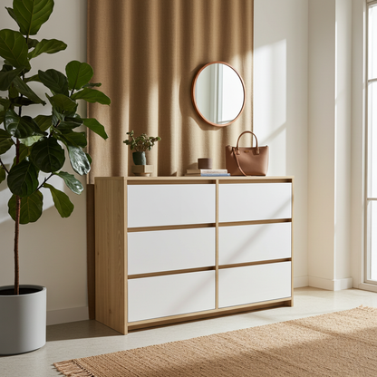 TRENZY Luxury 6-Drawer Chest of Drawers – Oak & Light Grey Super Gloss | MDF | 120cm | SA