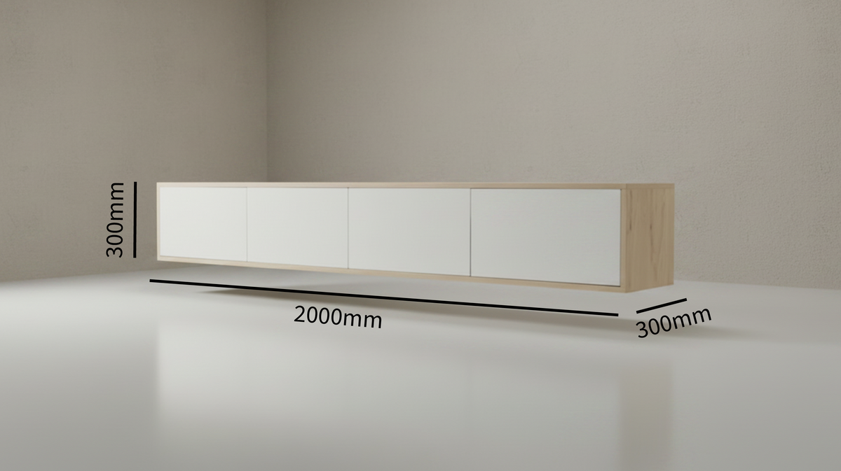 A long low cabinet or sideboard with four white front panels and light wood sides, shown in a room corner with dimension lines indicating 2000 mm length, 300 mm depth, and 300 mm height.