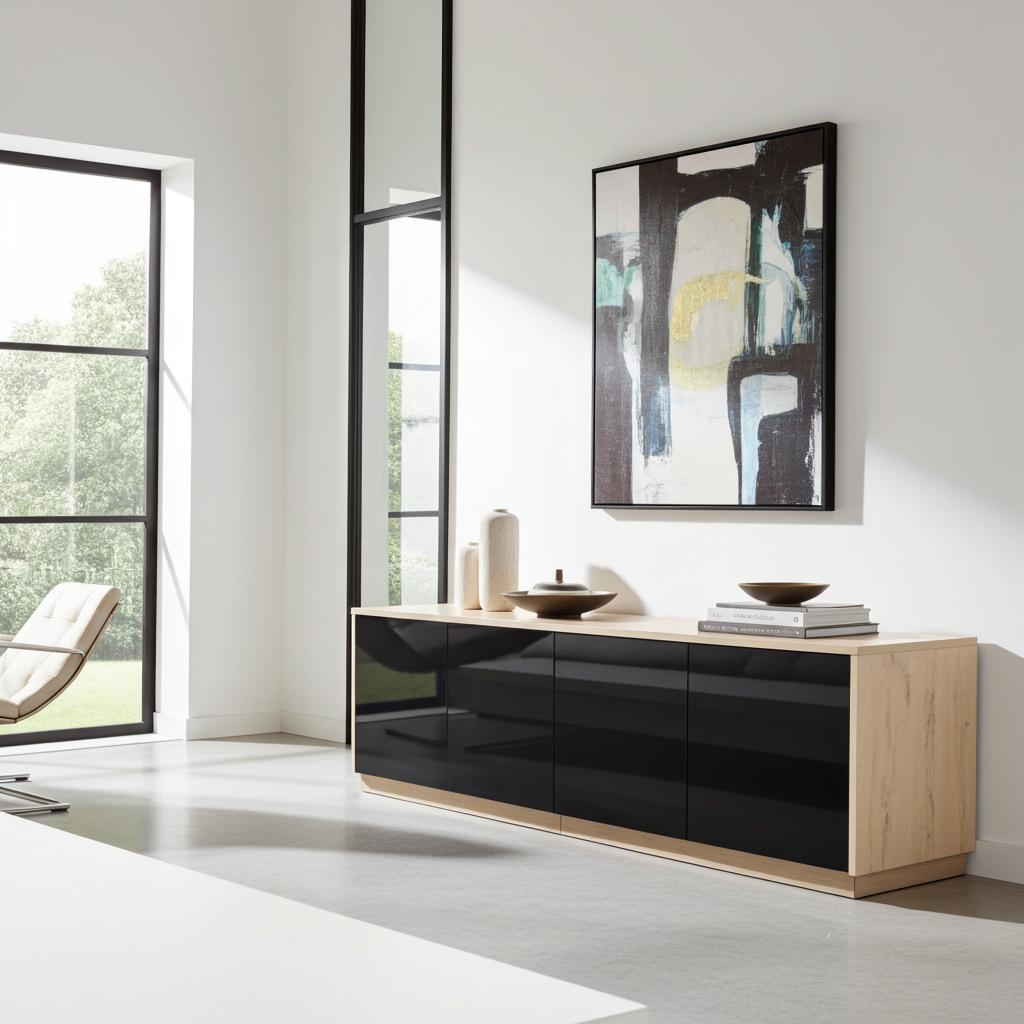 A modern sideboard cabinet with glossy black doors and a light wood frame, styled in a minimalist room with an abstract painting on the wall.
