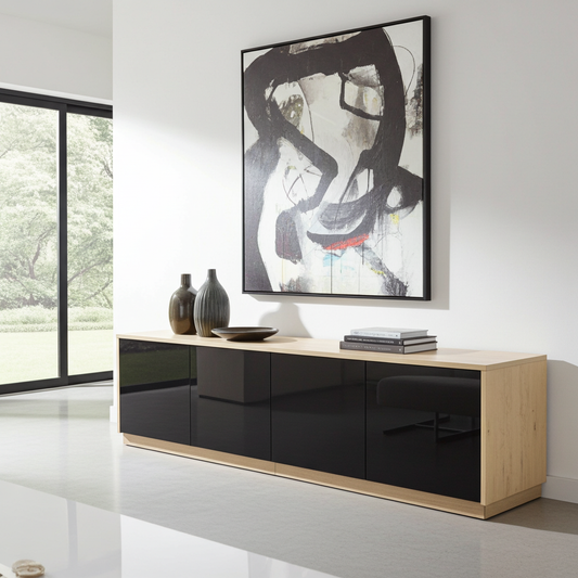 Modern luxury TV stand with natural wood-look finish and dark front panels by TRENZY Spaces