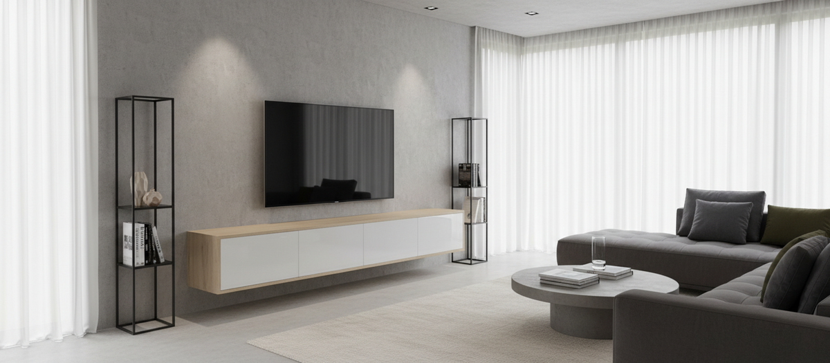 TRENZY Lux Floating Wall-Mounted TV Stand – Oak & Light Grey Gloss | 200cm