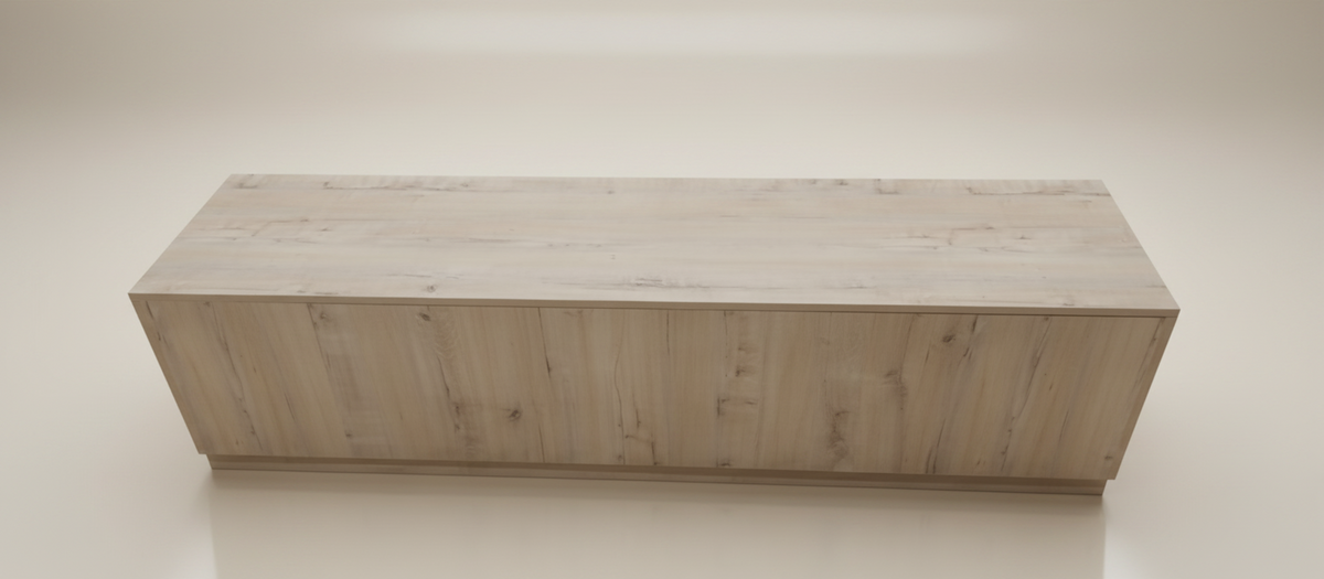A rectangular wooden cabinet or sideboard with a light beige wood grain finish, shown from an elevated angle against a neutral cream background.