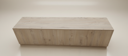 A rectangular wooden cabinet or sideboard with a light beige wood grain finish, shown from an elevated angle against a neutral cream background.