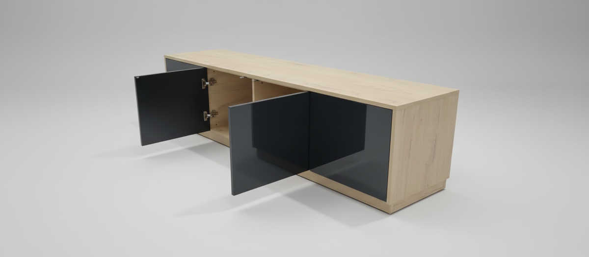 A modern wooden media console with a light oak finish and glossy black doors, shown with two doors open on a neutral gray studio background.