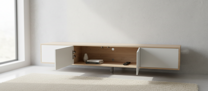 TRENZY Lux Floating Wall-Mounted TV Stand – Oak & Light Grey Gloss | 200cm