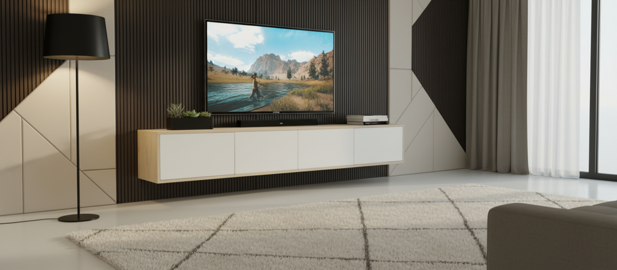 A modern living room scene showing a wall-mounted floating TV stand with a large television, a black floor lamp, geometric wall panels, a white rug, and sheer curtains.