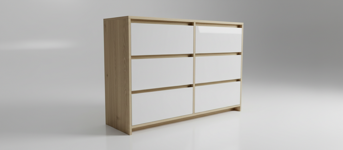 TRENZY Luxury 6-Drawer Chest of Drawers – Oak & Light Grey Super Gloss | MDF | 120cm | SA