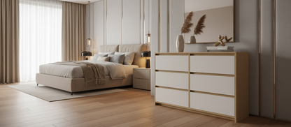 TRENZY Luxury 6-Drawer Chest of Drawers – Oak & Light Grey Super Gloss | MDF | 120cm | SA