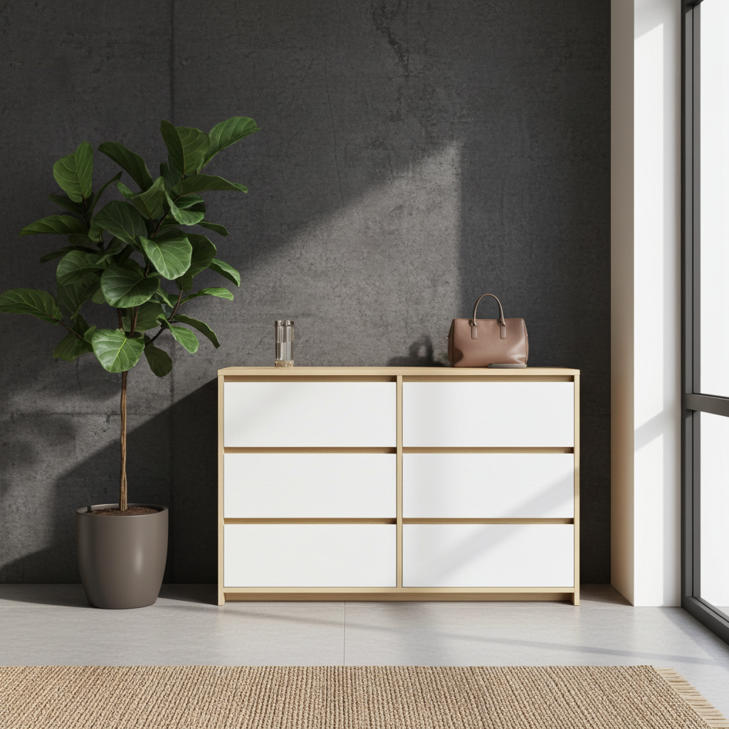 TRENZY Luxury 6-Drawer Chest of Drawers – Oak & Light Grey Super Gloss | MDF | 120cm | SA